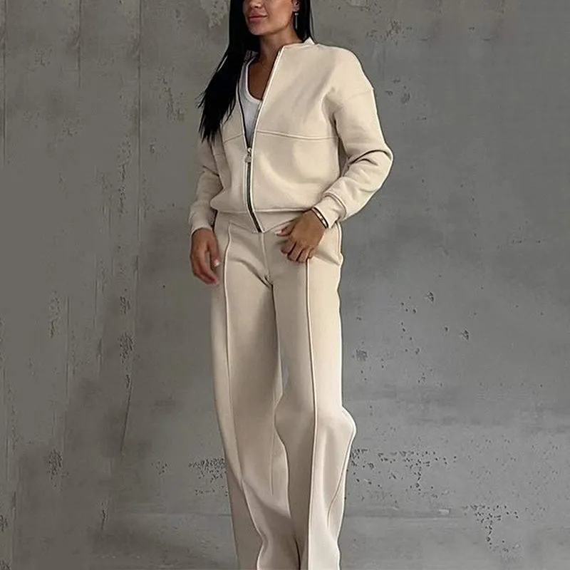 🌟 Women's simple fashion two-piece set easy fit - zipper jacket and wide-leg pants 🌟