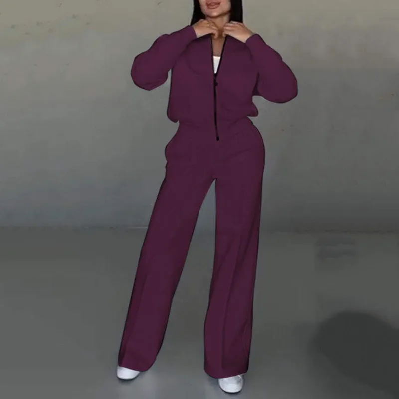 🌟 Women's simple fashion two-piece set easy fit - zipper jacket and wide-leg pants 🌟