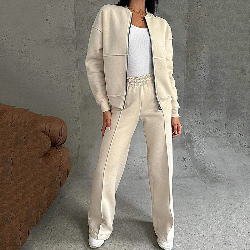 🌟 Women's simple fashion two-piece set easy fit - zipper jacket and wide-leg pants 🌟