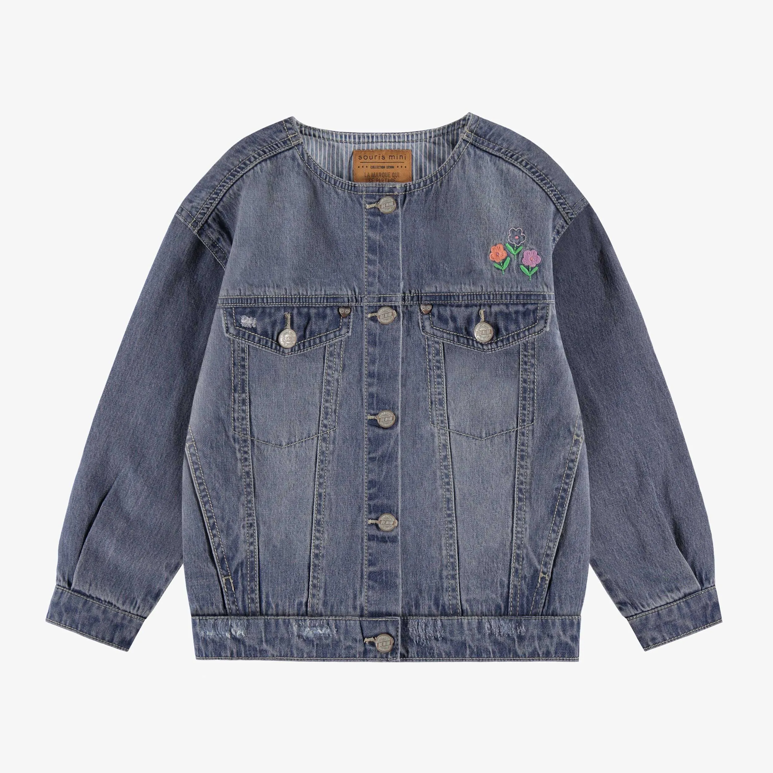 Blouson bleu en denim avec broderies, enfant || Blue denim jacket with embroidery, child