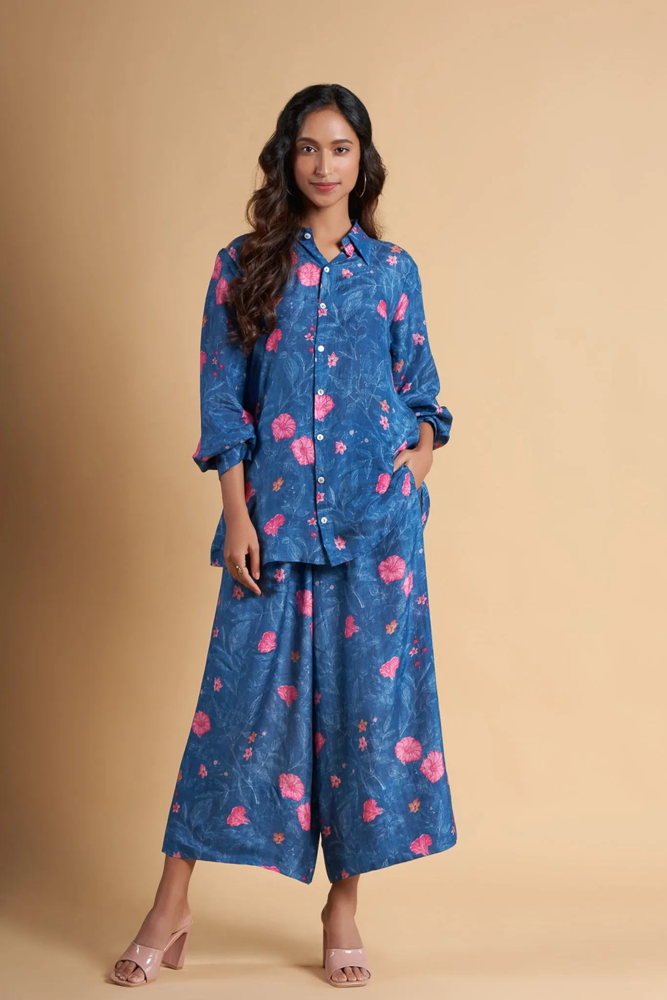 Blue Floral Printed Natural Viscose Muslin Co-Ord set