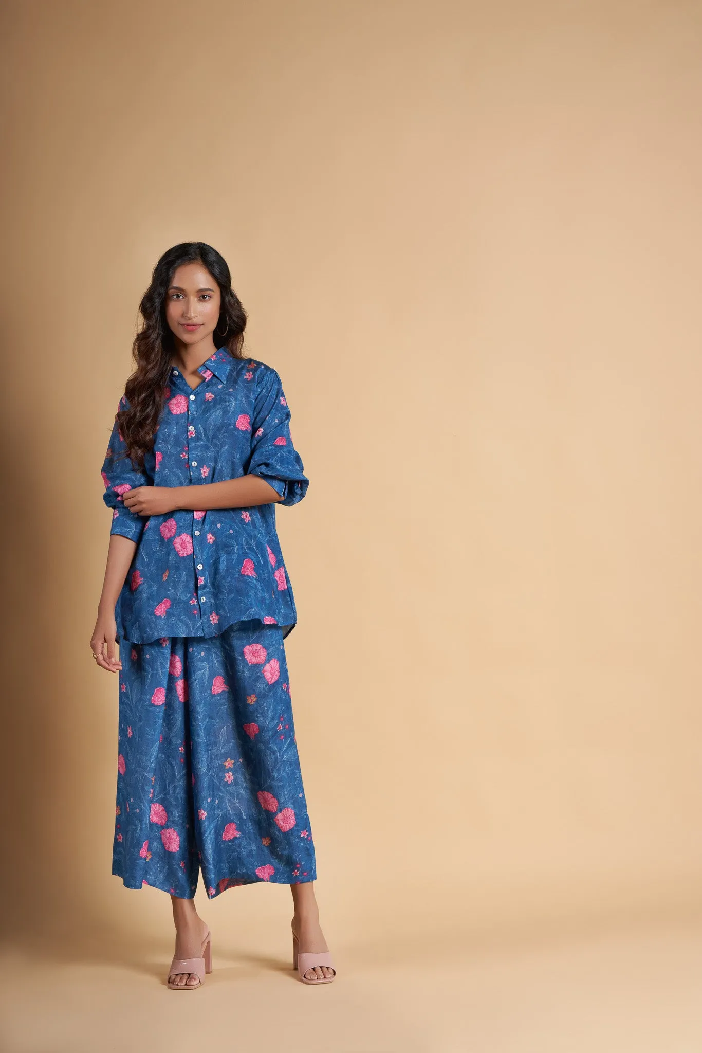 Blue Floral Printed Natural Viscose Muslin Co-Ord set