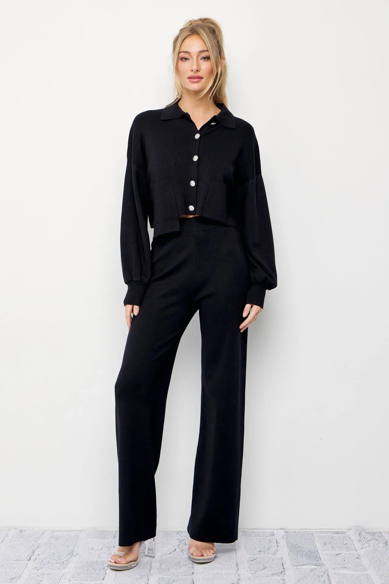Brielle Knit Crop Asymmetrical Hem Cardigan and Pants Set