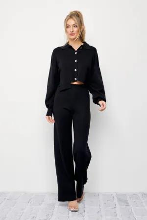 Brielle Knit Crop Asymmetrical Hem Cardigan and Pants Set
