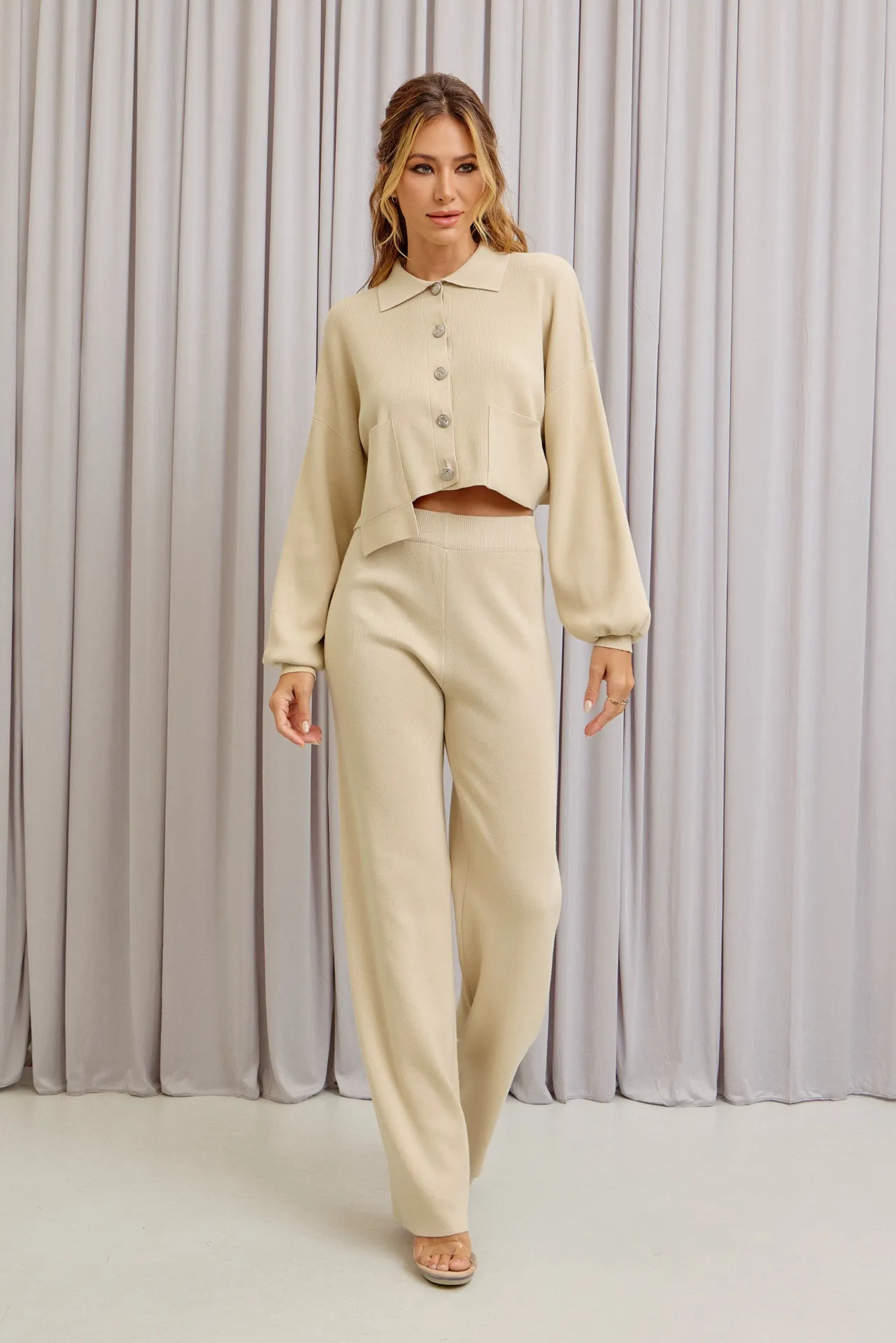 Brielle Knit Crop Asymmetrical Hem Cardigan and Pants Set
