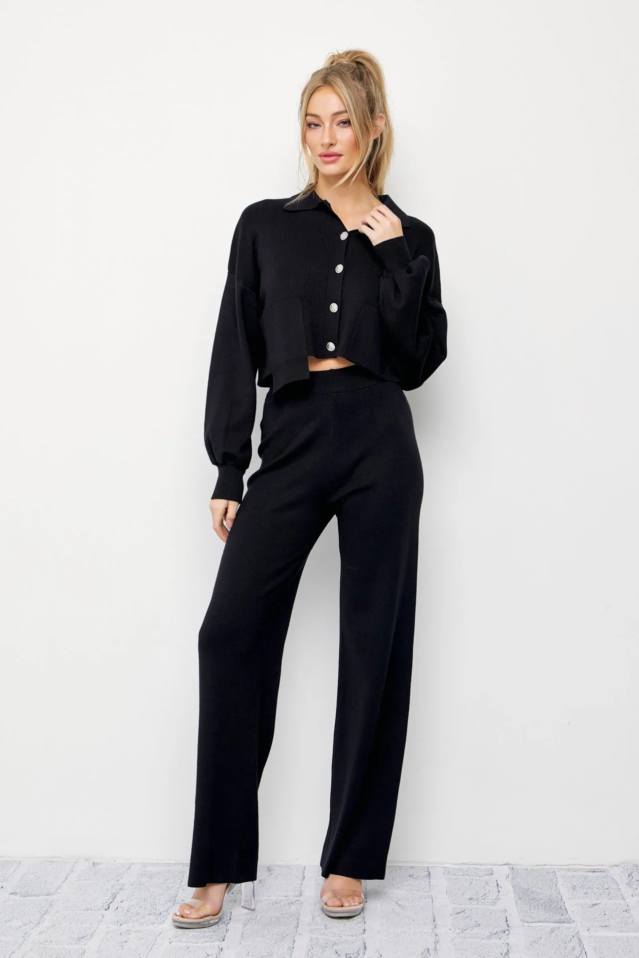 Brielle Knit Crop Asymmetrical Hem Cardigan and Pants Set