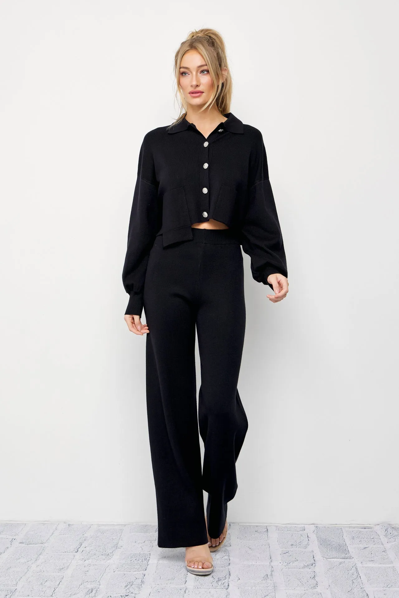 Brielle Knit Crop Asymmetrical Hem Cardigan and Pants Set