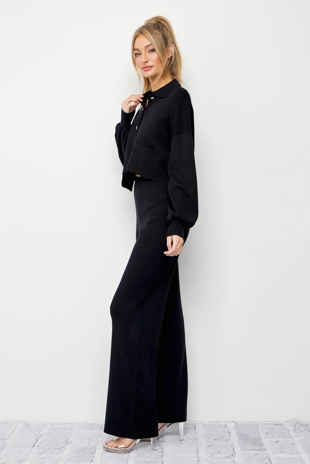 Brielle Knit Crop Asymmetrical Hem Cardigan and Pants Set
