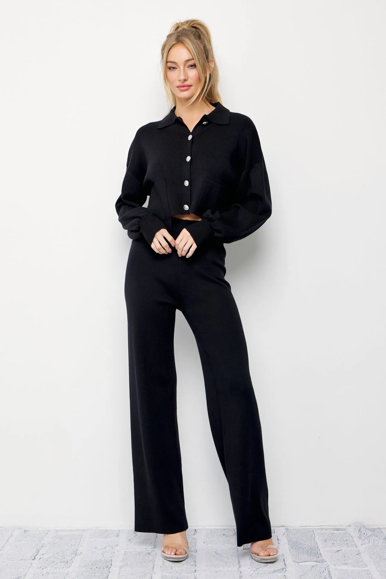 Brielle Knit Crop Asymmetrical Hem Cardigan and Pants Set