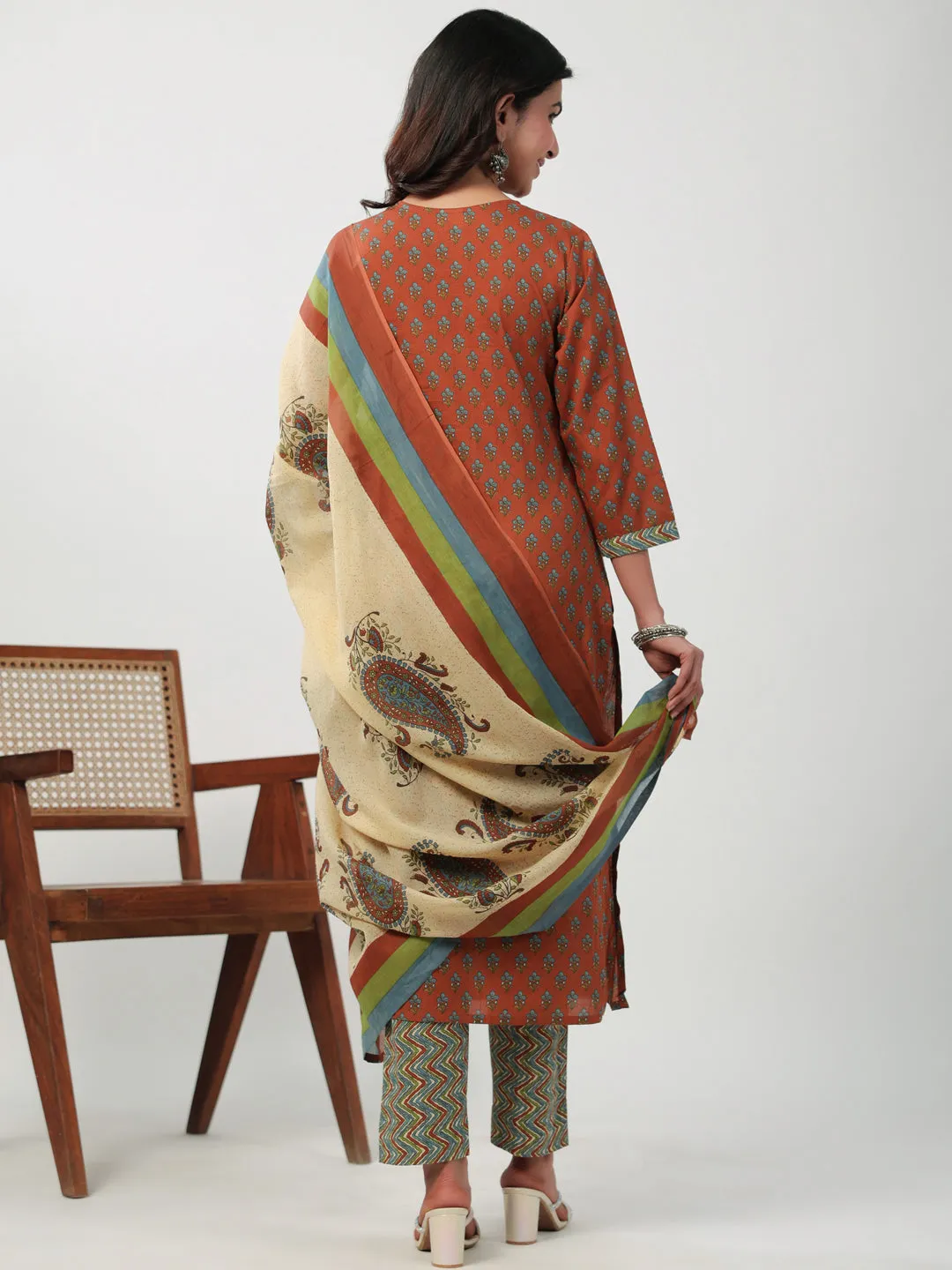Brown Cotton Floral Straight Kurta Pant Set