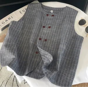 Fashion Retro Double-Breasted Plaid Linen Vests for Women