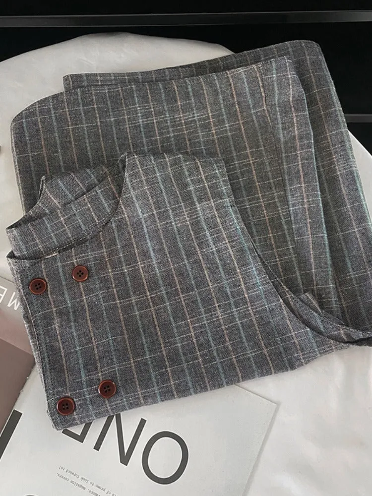 Fashion Retro Double-Breasted Plaid Linen Vests for Women