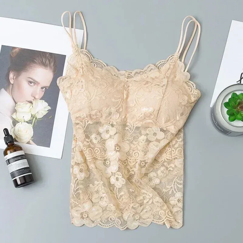 Floral Cami Padded Tank Top Women's Underwear Sexy Lace Bralette Crochet Flower Vest Camisole