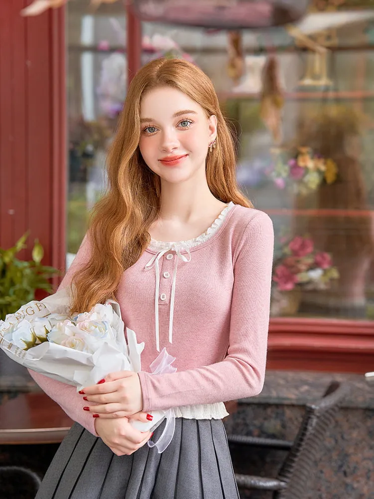 Frill Lace Ribbon Knit Top