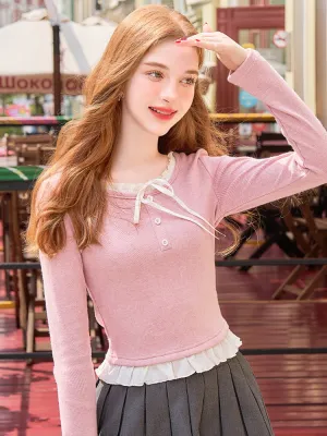 Frill Lace Ribbon Knit Top
