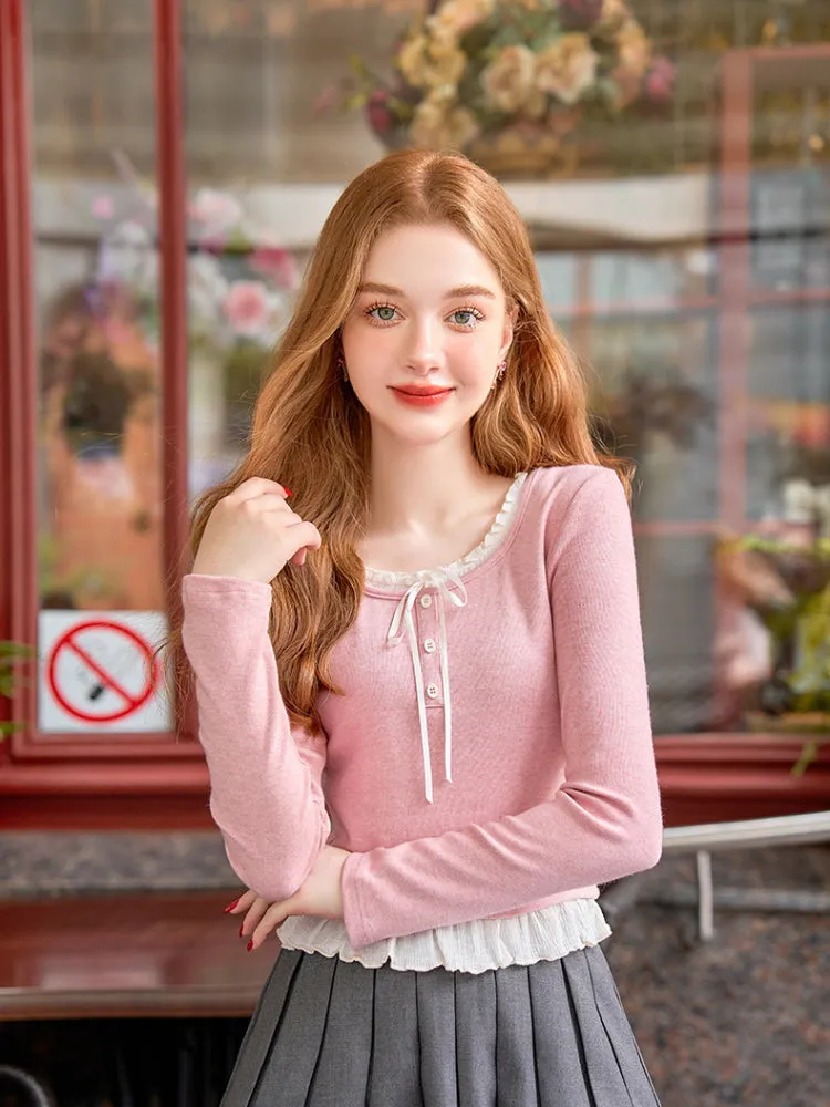 Frill Lace Ribbon Knit Top