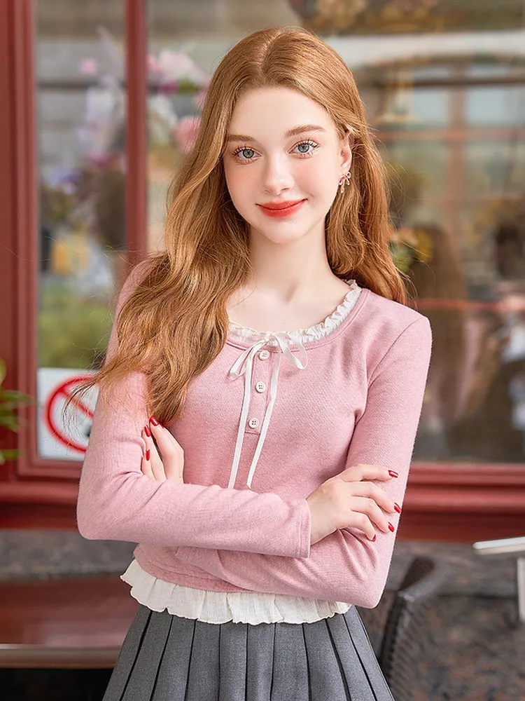 Frill Lace Ribbon Knit Top