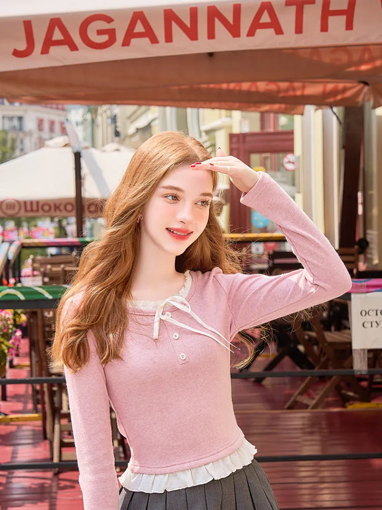 Frill Lace Ribbon Knit Top
