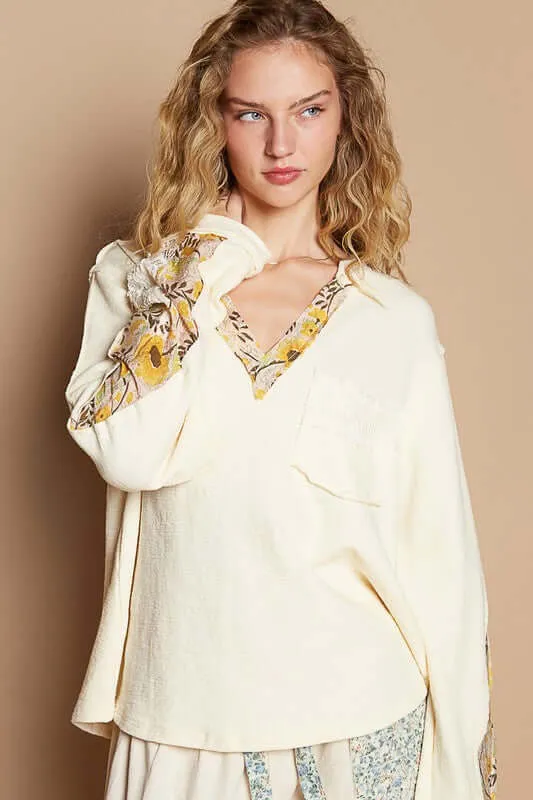 Give it a Go Lace Detail Flower Printed V-Neck Knit Topi in Cream and Yellow