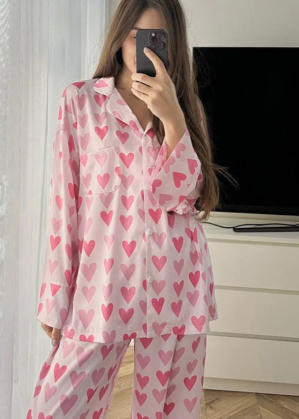 Heart Print Satin Pajama Set
