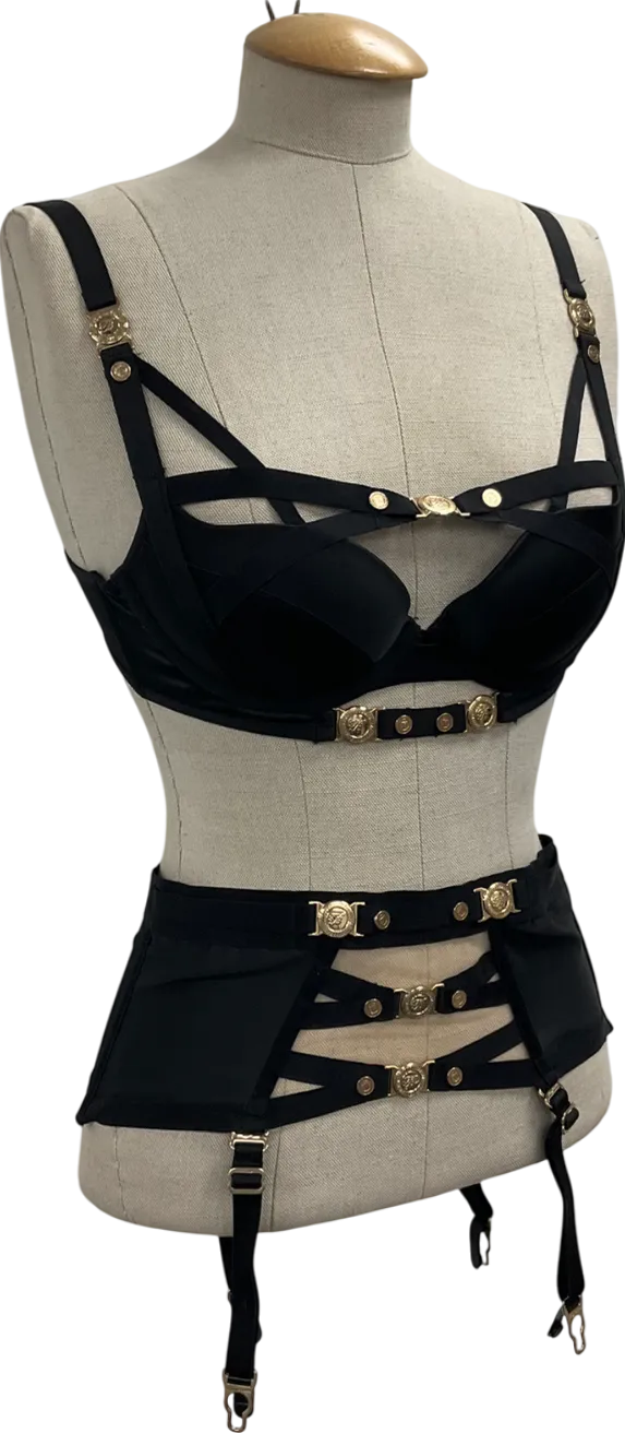 Honey Birdette Black Satin Push Up Bra And Suspender Set UK 32D