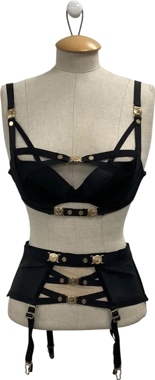 Honey Birdette Black Satin Push Up Bra And Suspender Set UK 32D
