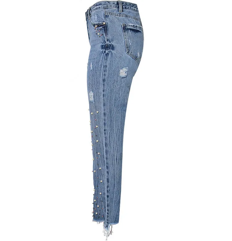 Irregularity Tassel Women's Jeans Straight Pants Slim High Waist Jeans