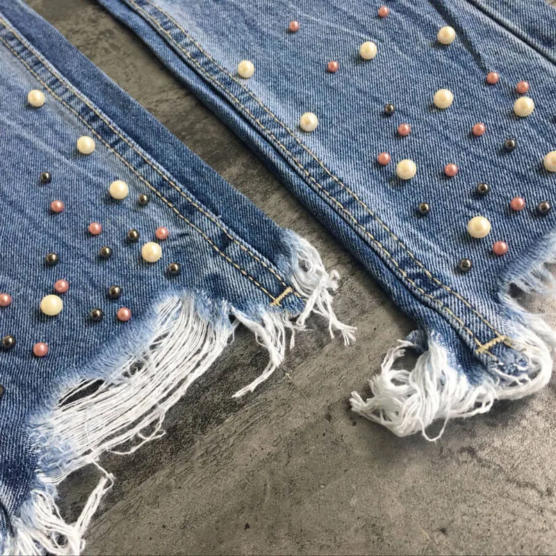 Irregularity Tassel Women's Jeans Straight Pants Slim High Waist Jeans