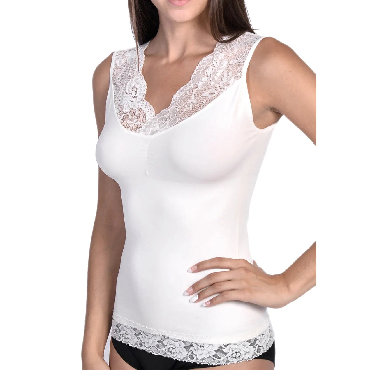 Ivory Whisper: Seamless Shaping Tank with Lace Trim