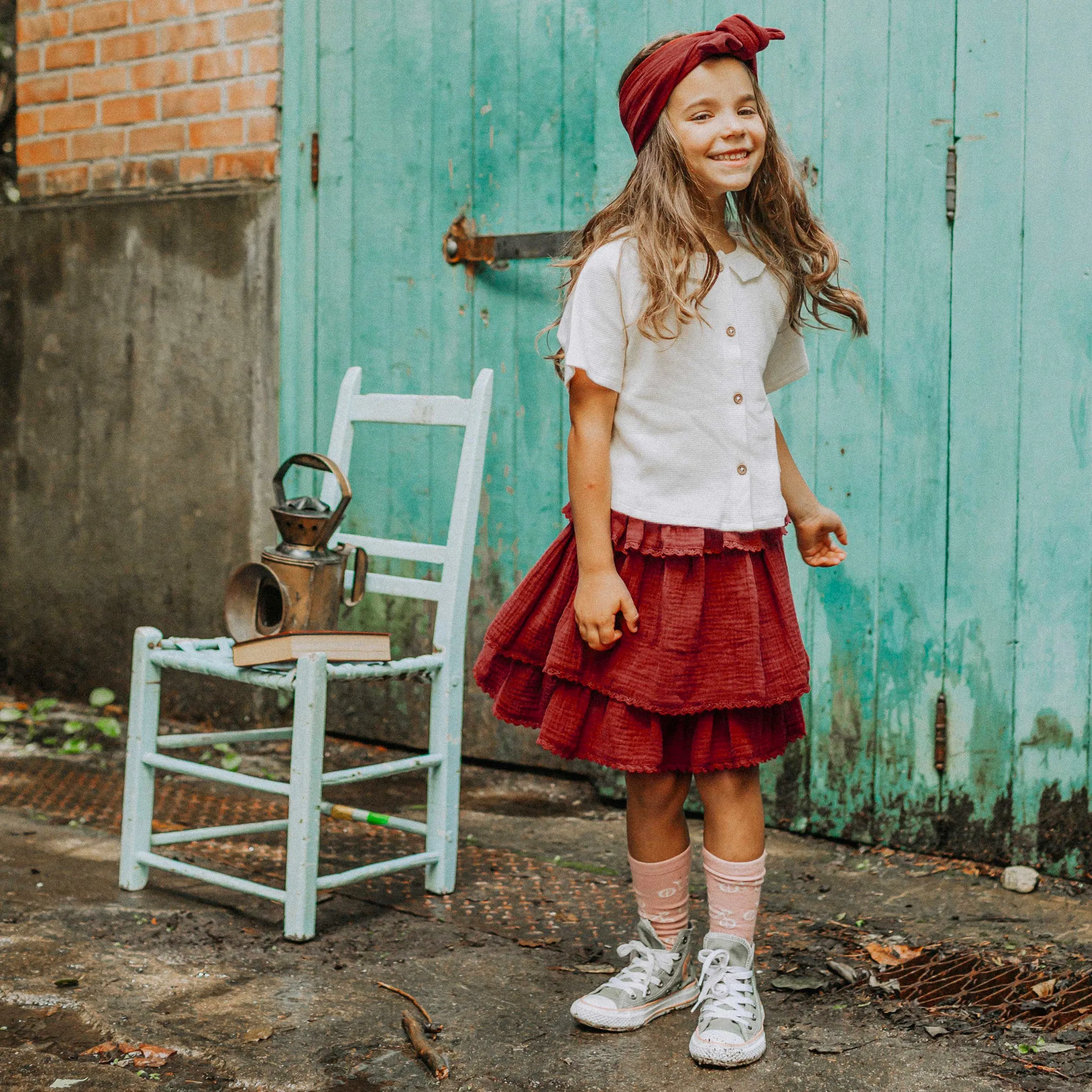 Jupe rouille en mousseline à volants étagés, enfant || Rust skirt in muslin with tiered ruffles, child