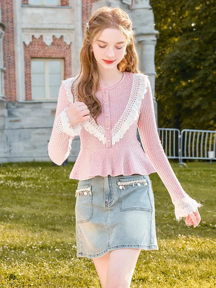 Lace Trim Peplum Knit Top