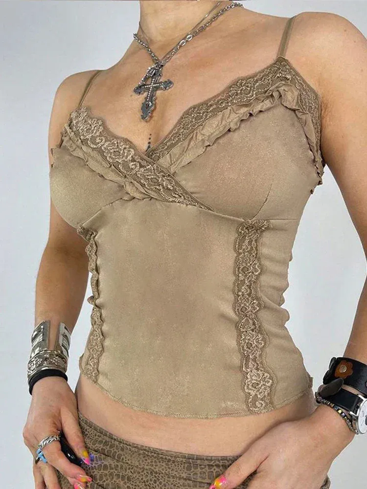 Lace V-Neck Camisoles Summer Women Retro Sexy Cropped Tanks Y2K Aesthetic Sleeveless Khaki Cute Skinny Vest Tee 2000s