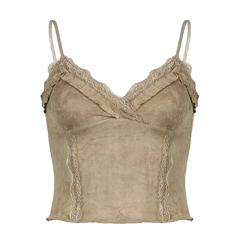 Lace V-Neck Camisoles Summer Women Retro Sexy Cropped Tanks Y2K Aesthetic Sleeveless Khaki Cute Skinny Vest Tee 2000s