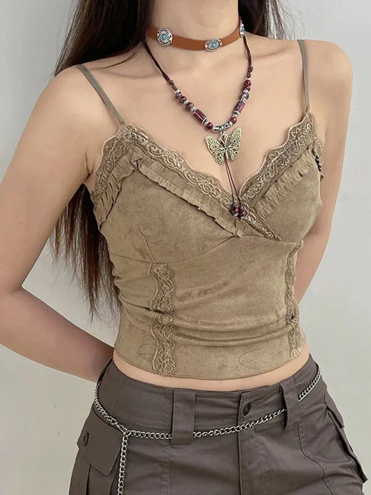 Lace V-Neck Camisoles Summer Women Retro Sexy Cropped Tanks Y2K Aesthetic Sleeveless Khaki Cute Skinny Vest Tee 2000s