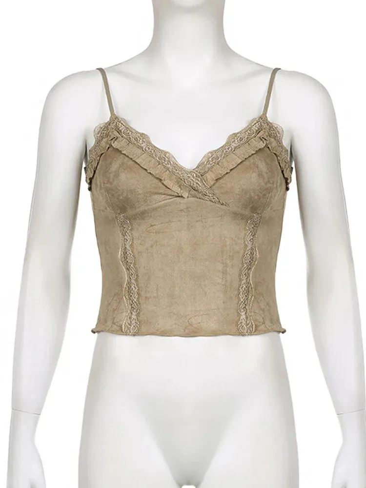 Lace V-Neck Camisoles Summer Women Retro Sexy Cropped Tanks Y2K Aesthetic Sleeveless Khaki Cute Skinny Vest Tee 2000s