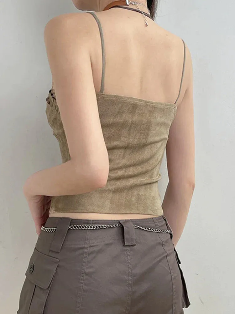 Lace V-Neck Camisoles Summer Women Retro Sexy Cropped Tanks Y2K Aesthetic Sleeveless Khaki Cute Skinny Vest Tee 2000s