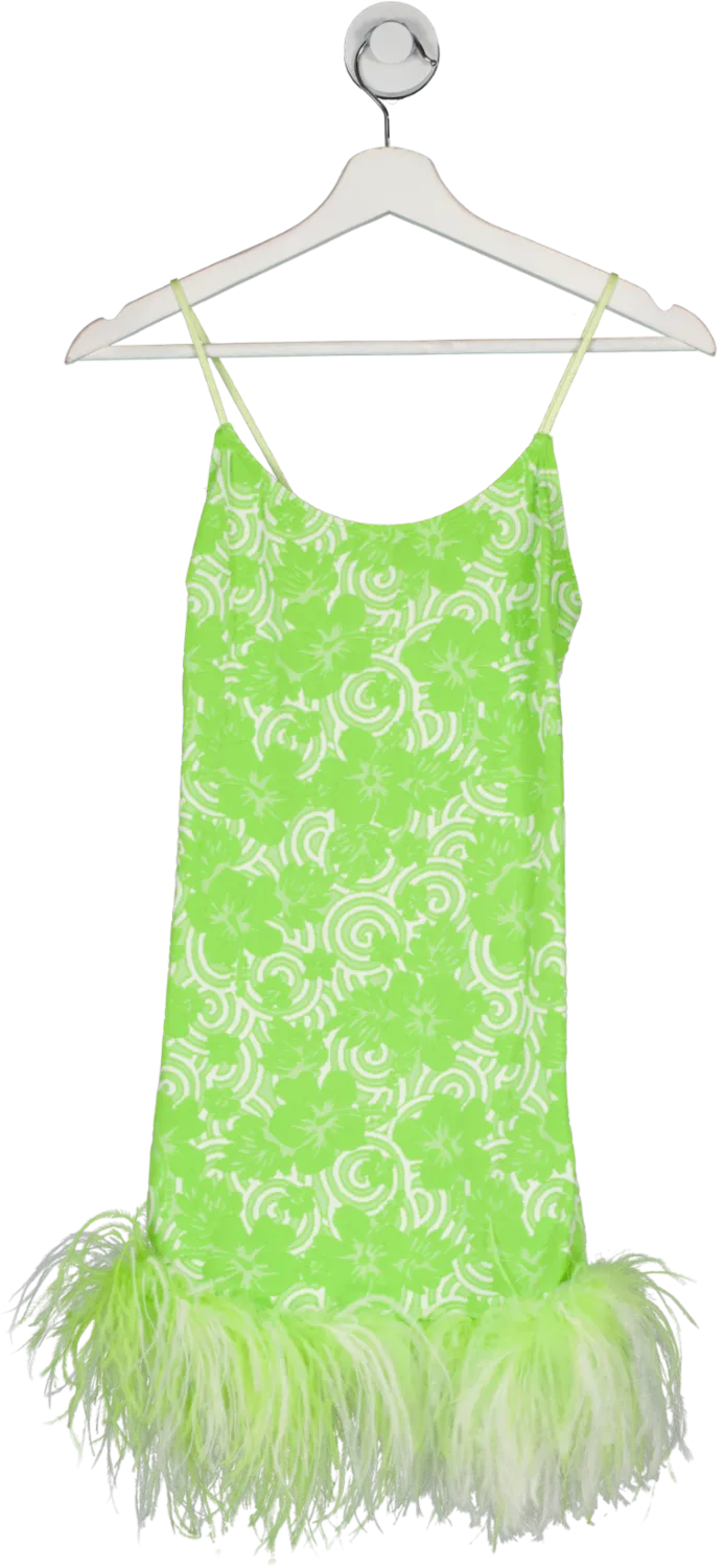 Leslie Amon Green Laurie Feather Trimmed Jacquard Knit Mini Dress UK XS