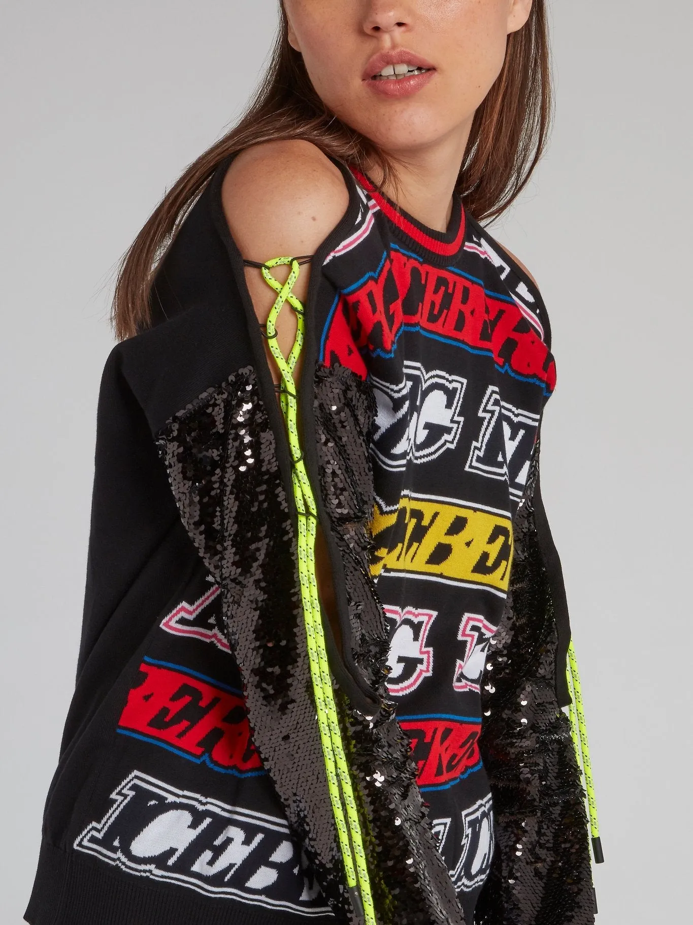 Logo Sequin Sleeve Knitted Top