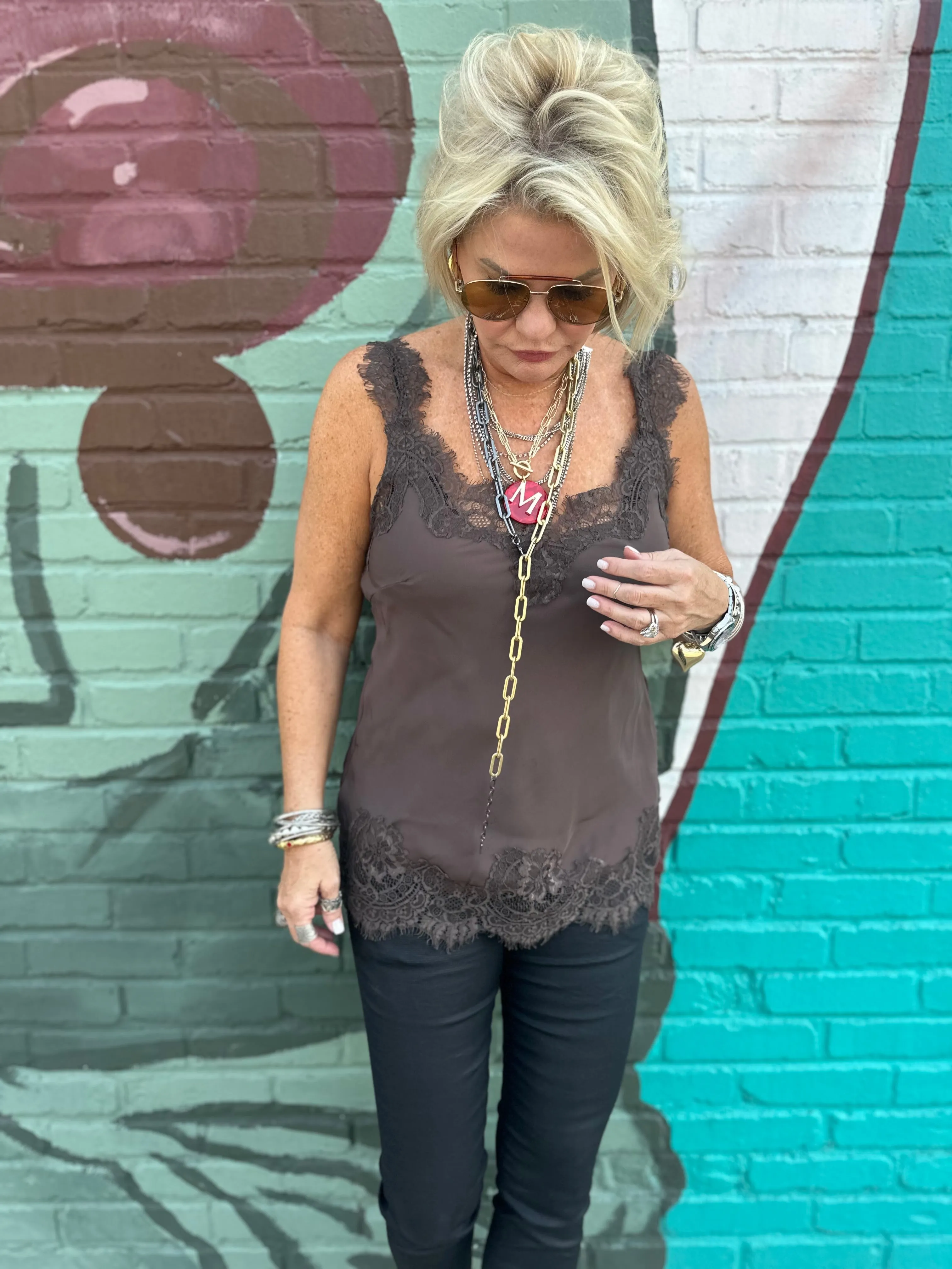 Megan Lace Tank Top in Fudge