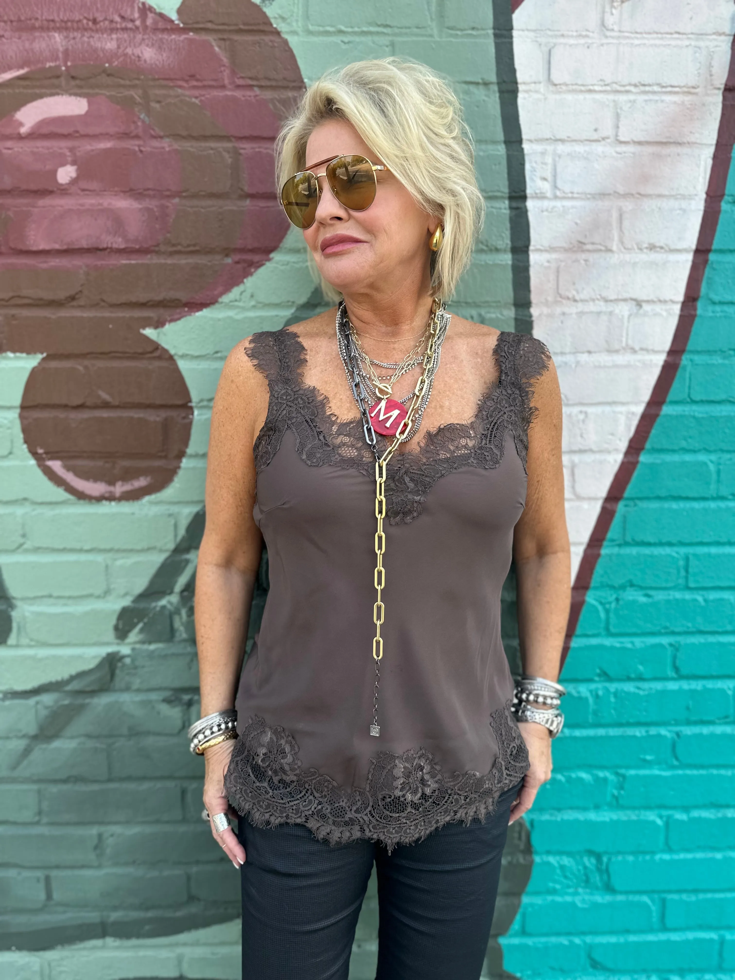 Megan Lace Tank Top in Fudge