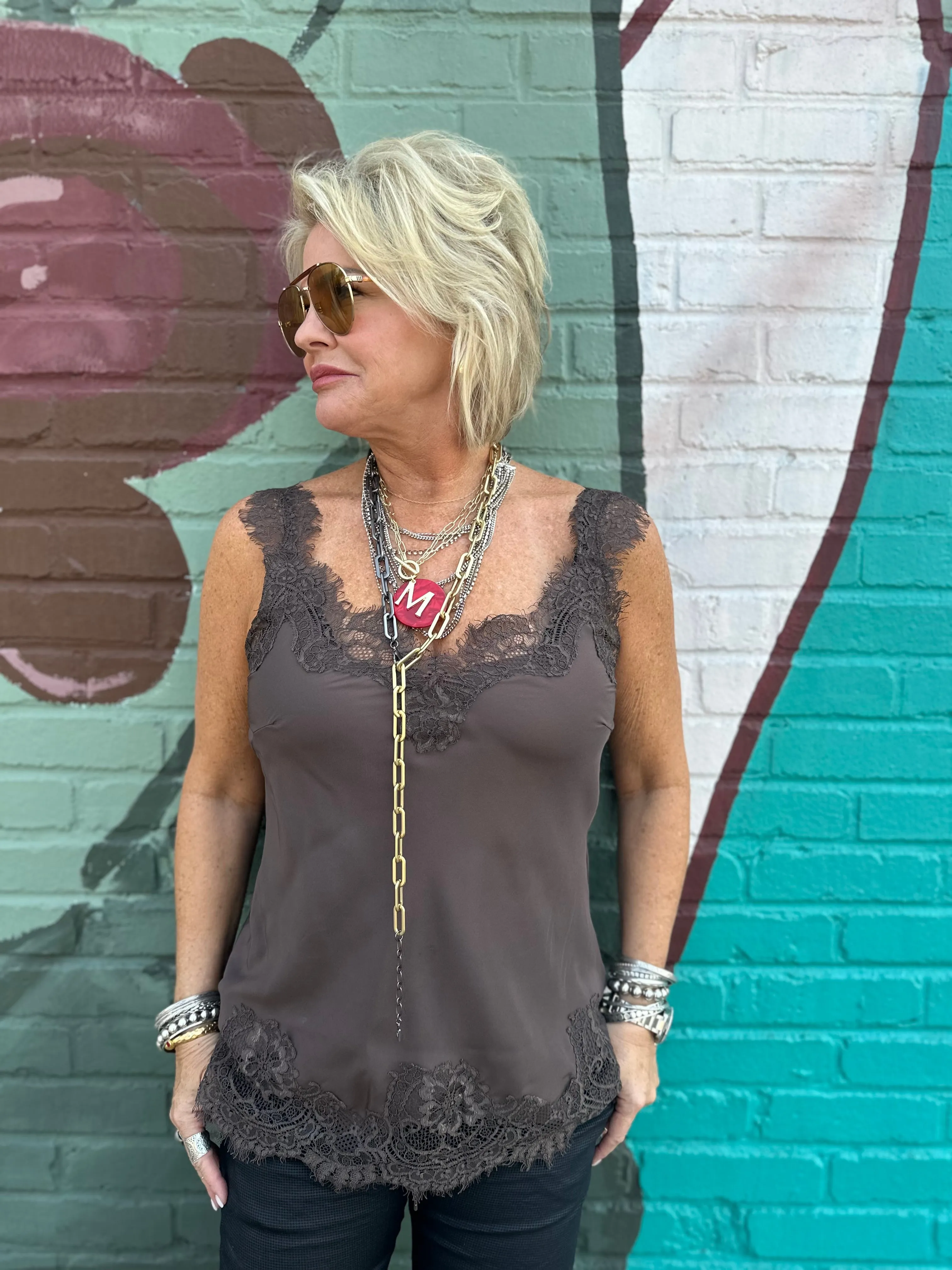 Megan Lace Tank Top in Fudge
