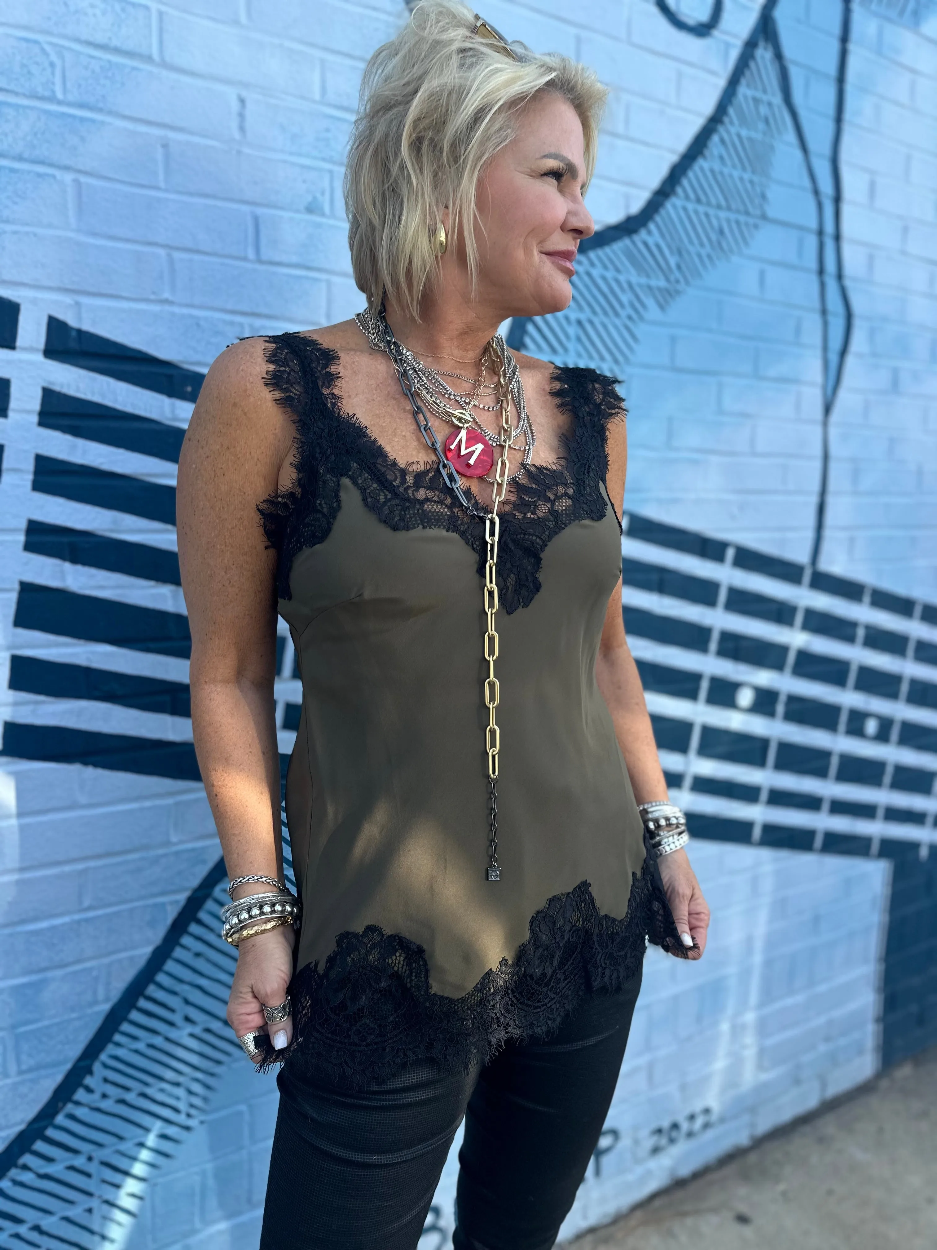 Megan Lace Tank Top in Moss Green
