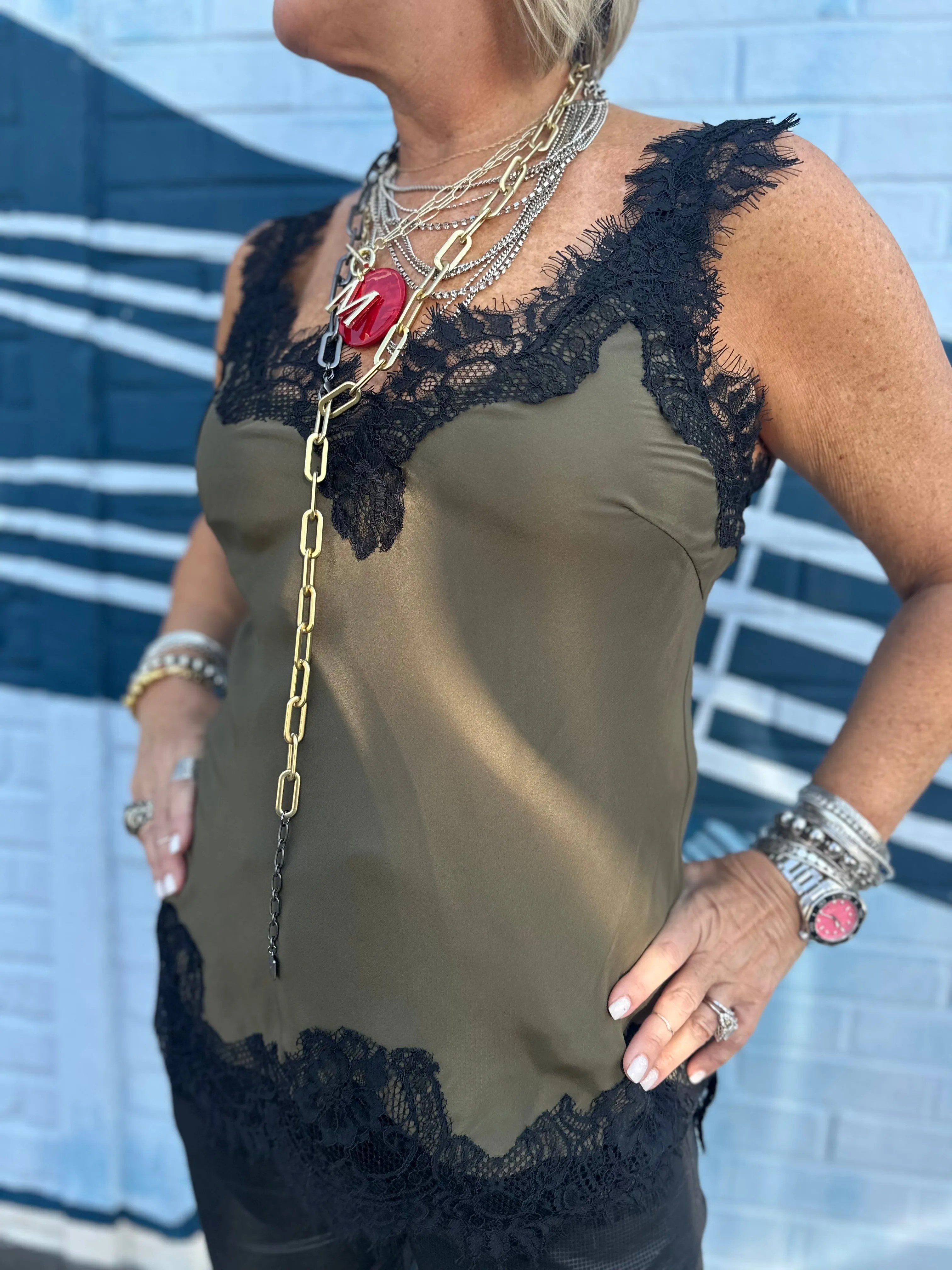 Megan Lace Tank Top in Moss Green