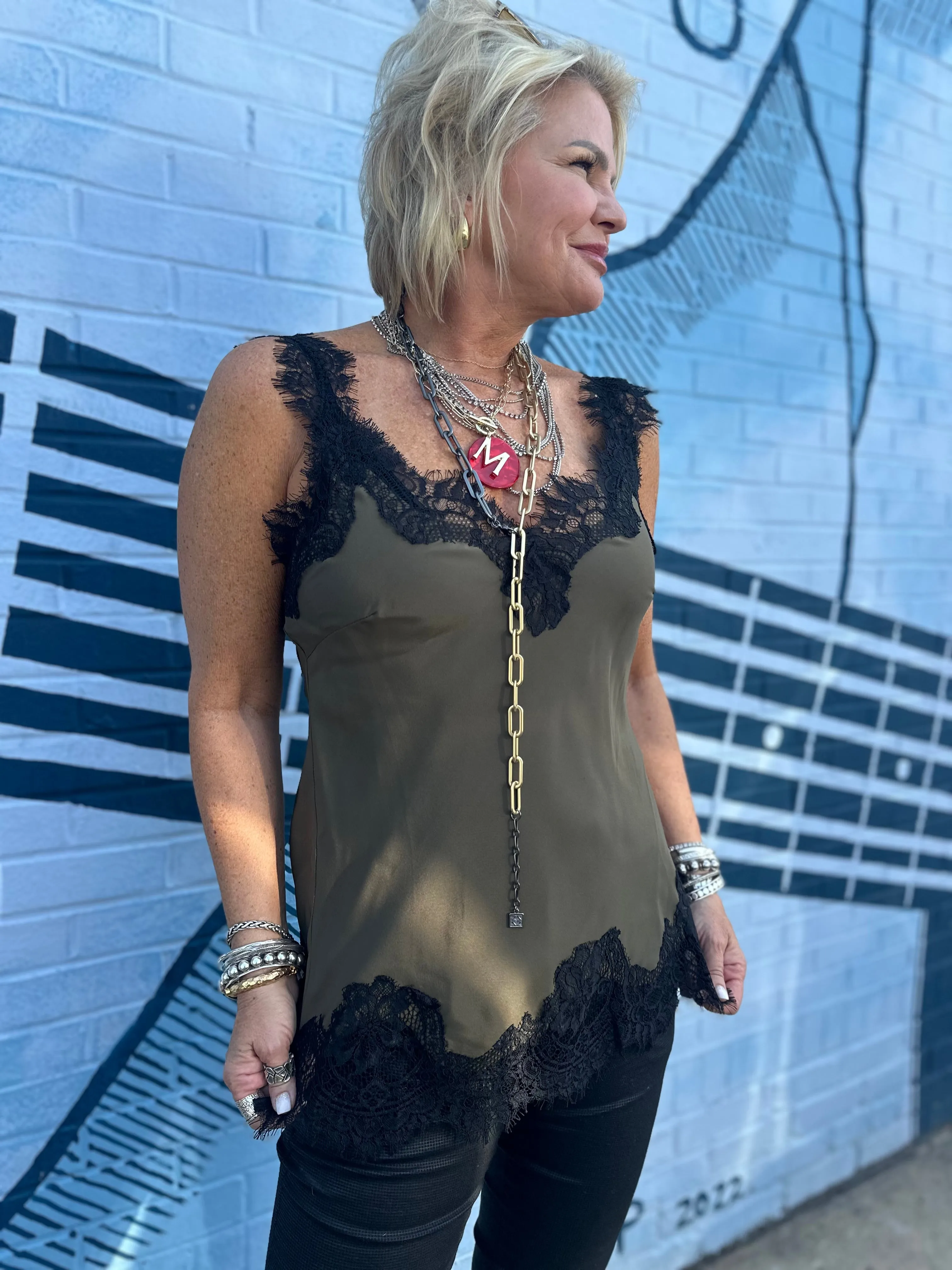 Megan Lace Tank Top in Moss Green
