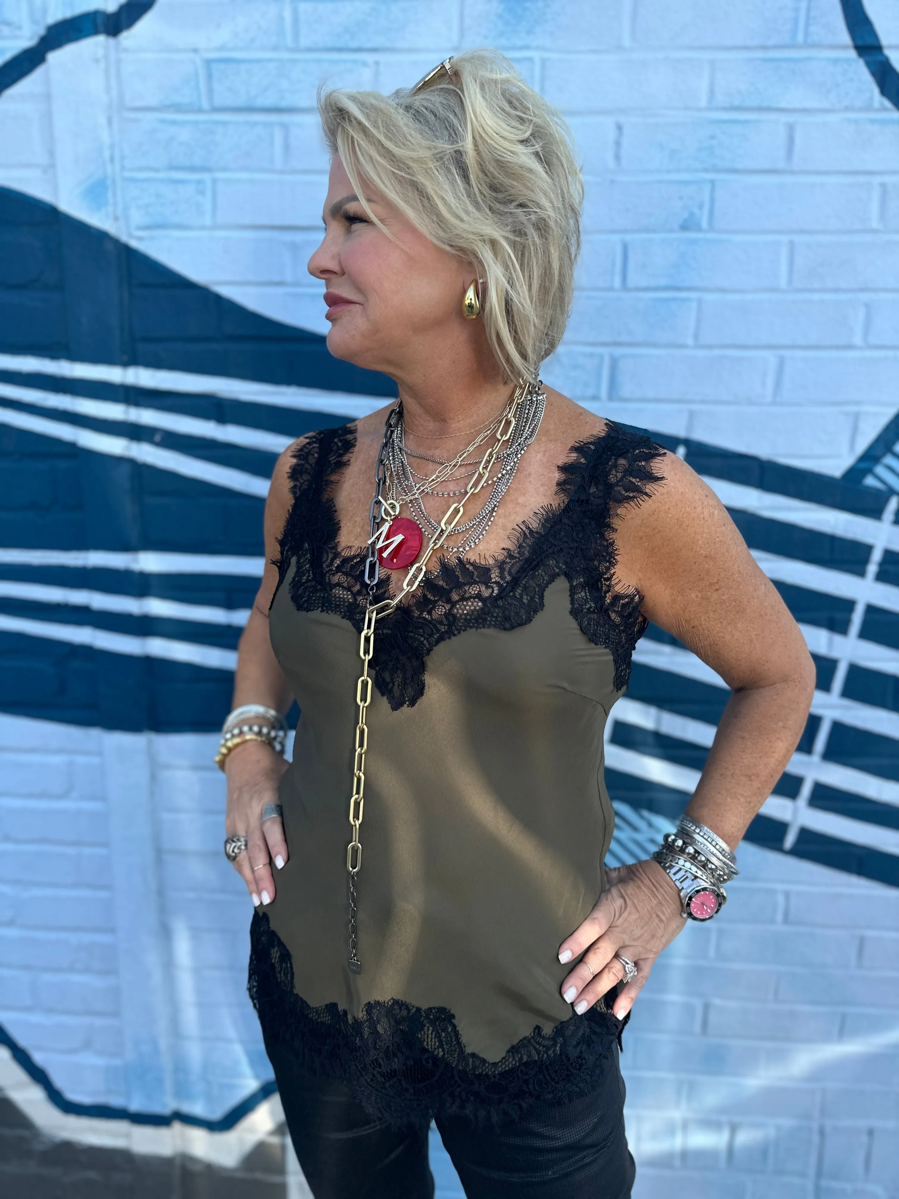 Megan Lace Tank Top in Moss Green