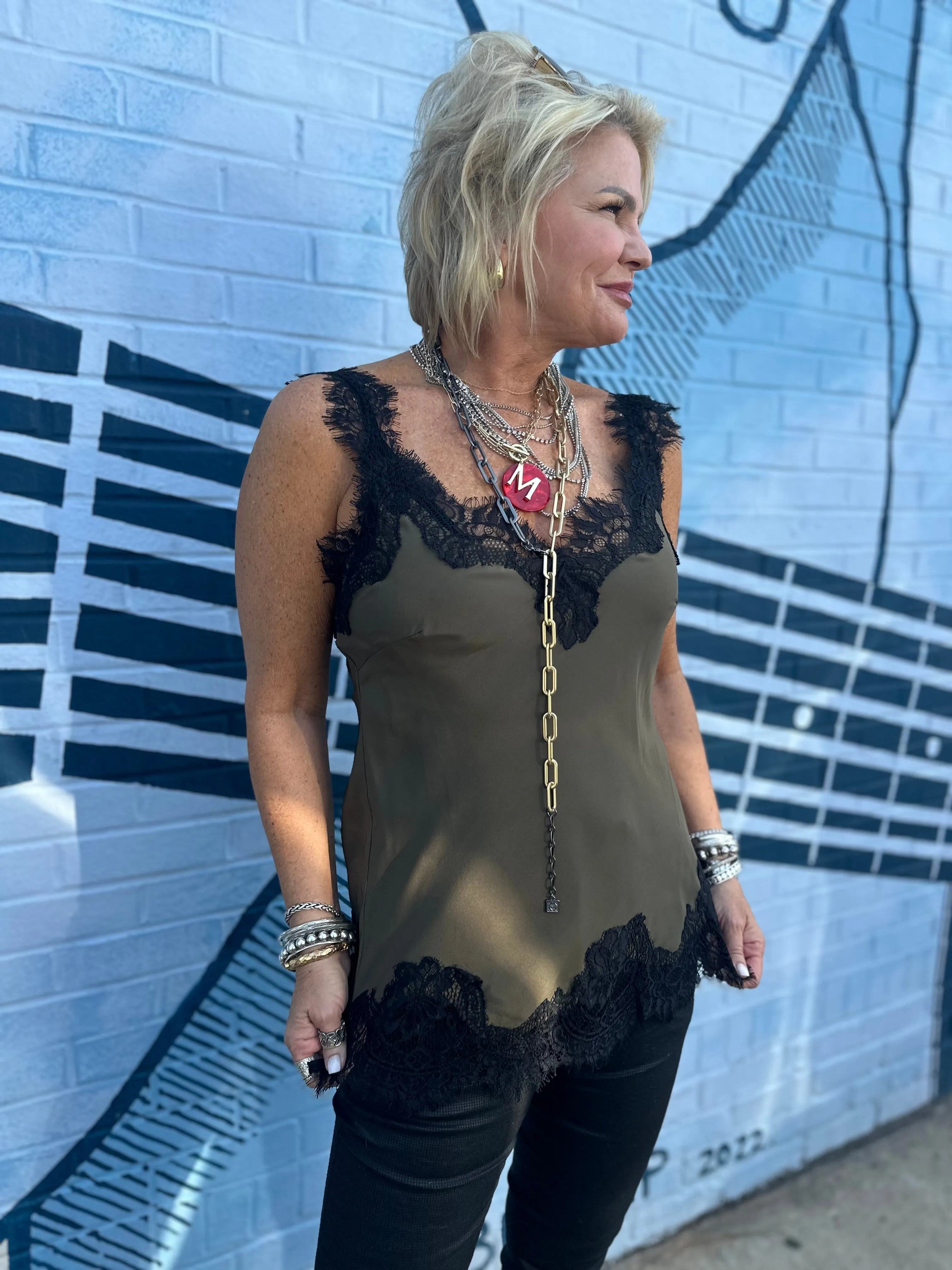 Megan Lace Tank Top in Moss Green