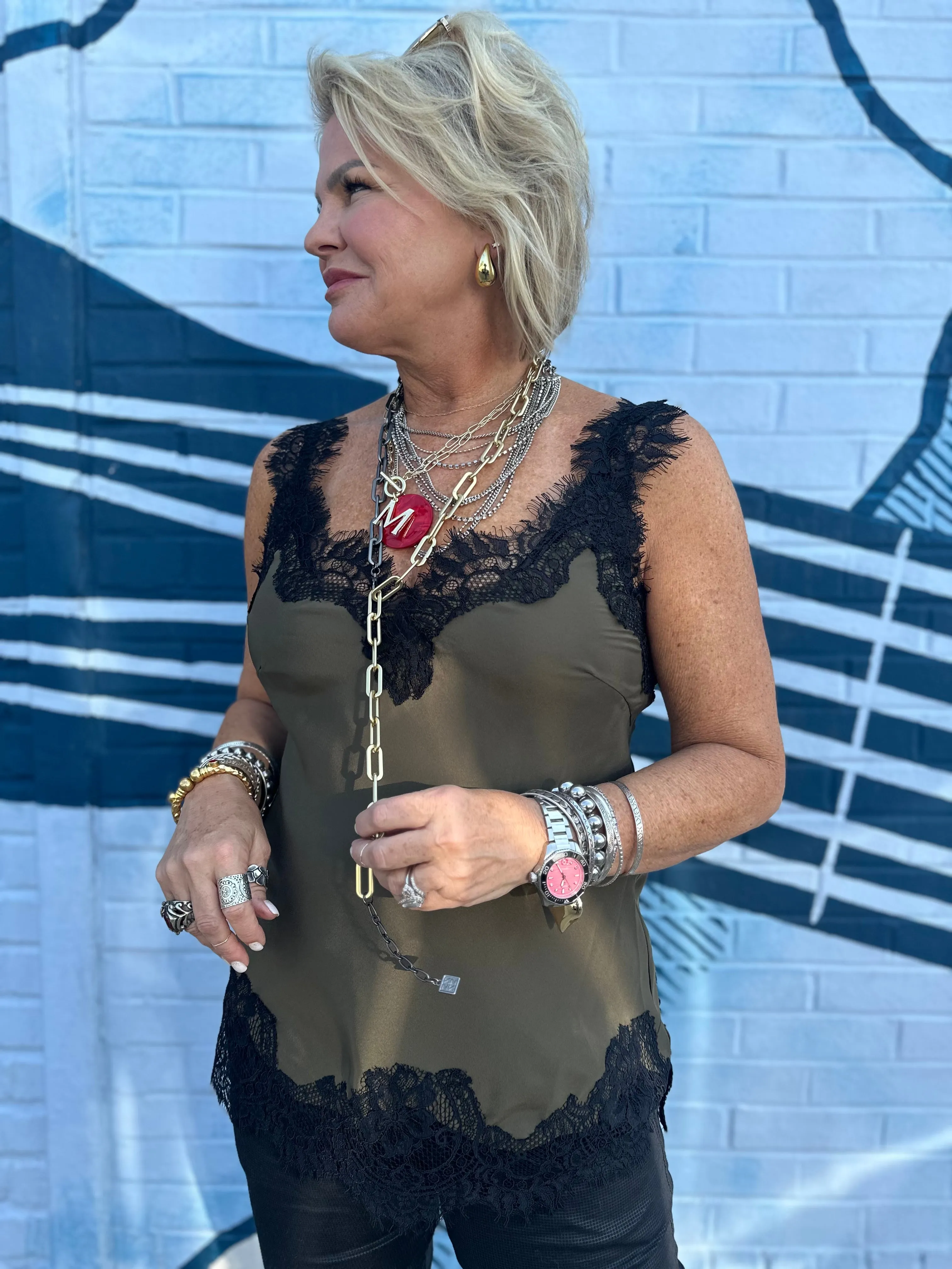 Megan Lace Tank Top in Moss Green