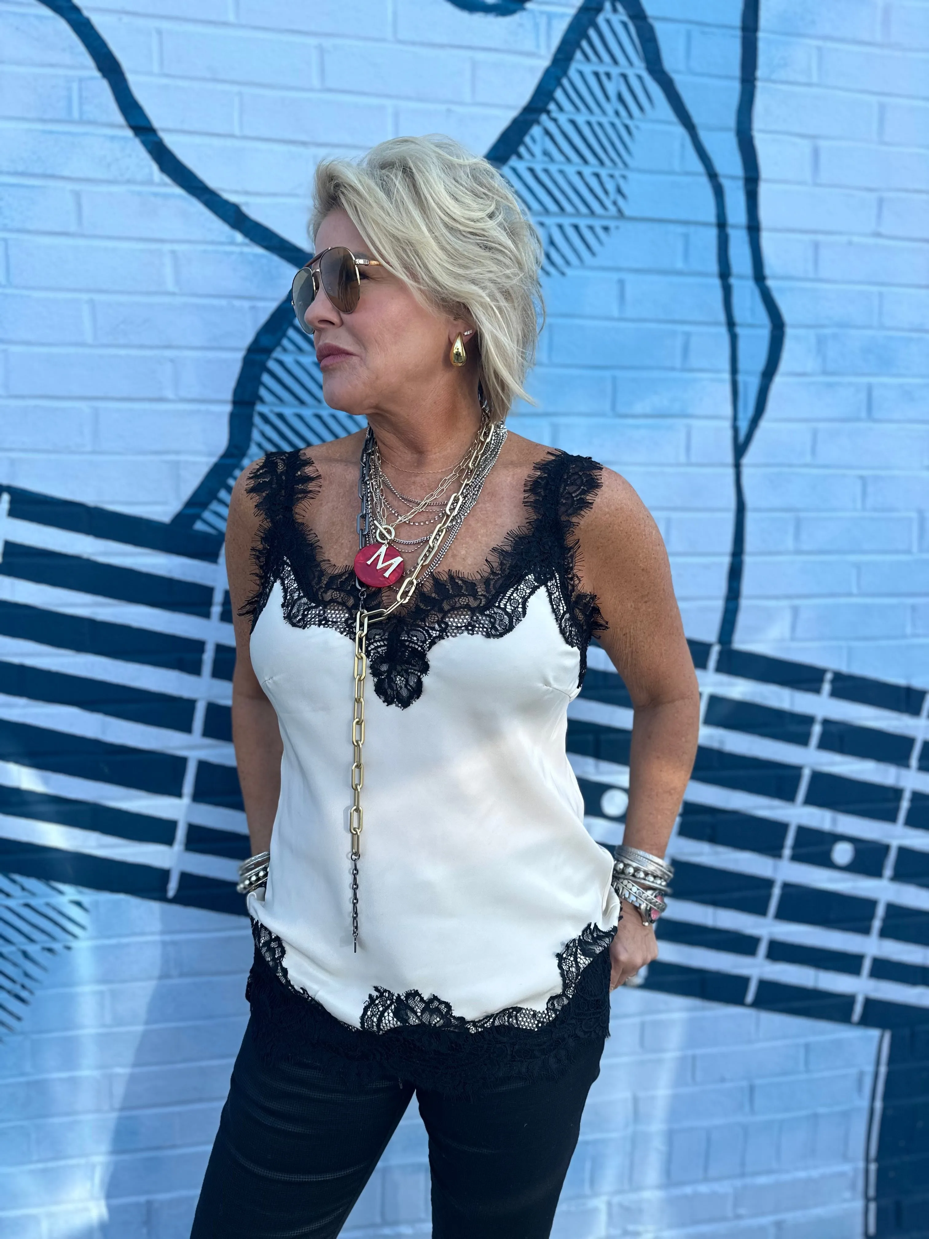 Megan Lace Tank Top in Pearl