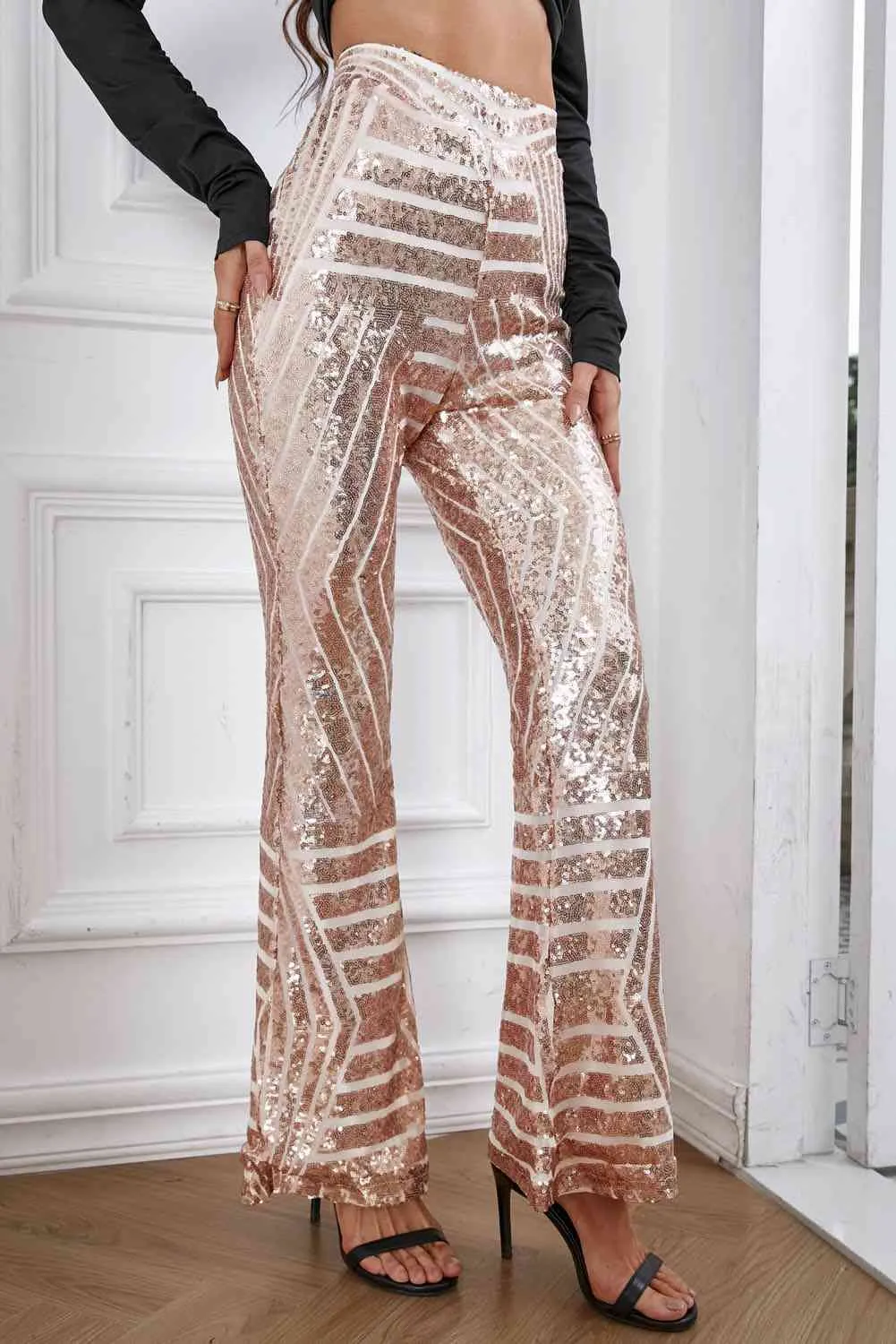 Nyla Double Take Sequin High Waist Flared Pants