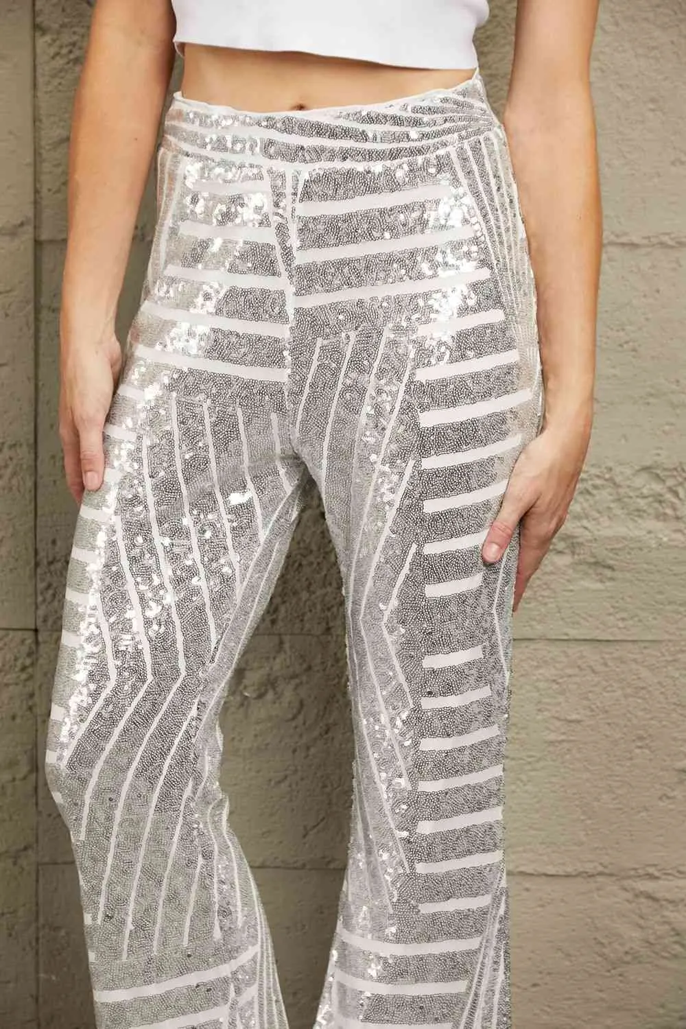 Nyla Double Take Sequin High Waist Flared Pants